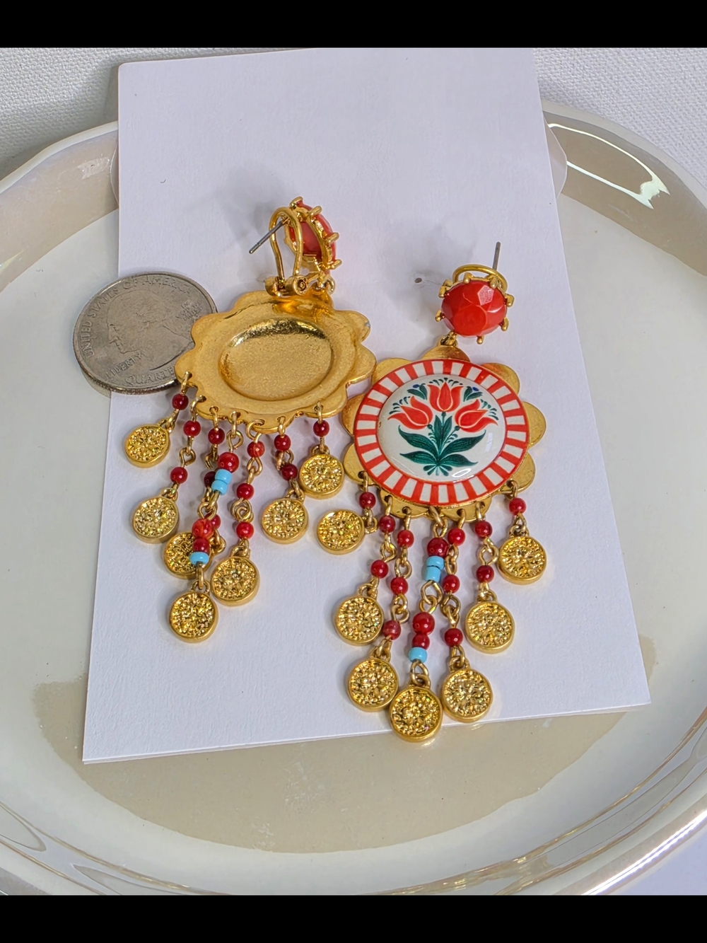 Zara Gold-Tone Red Orange  Floral Coin Drop Earrings - Picture 4 of 4